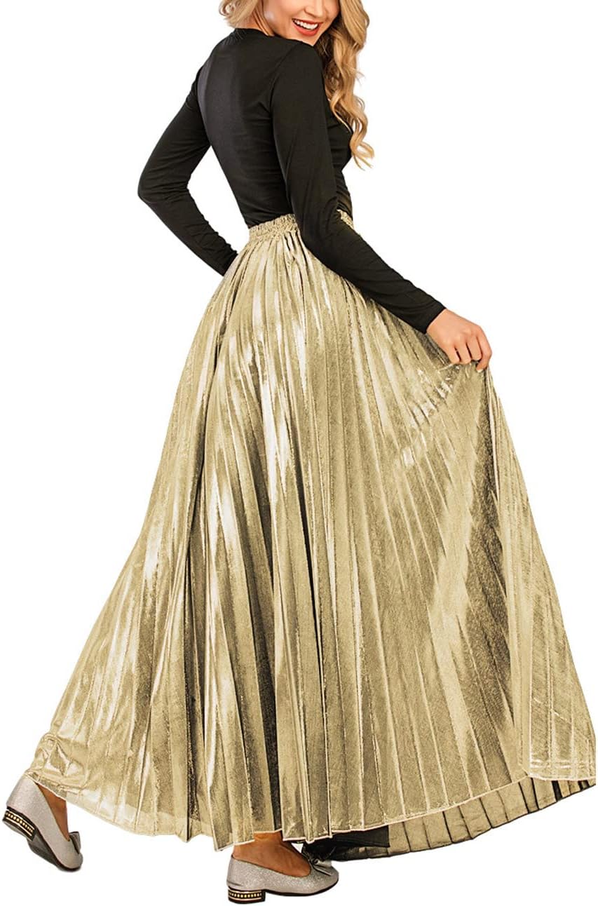 CHARTOU Women's Premium Metallic Shiny Shimmer Accordion Pleated Long Maxi Skirt - Image 5