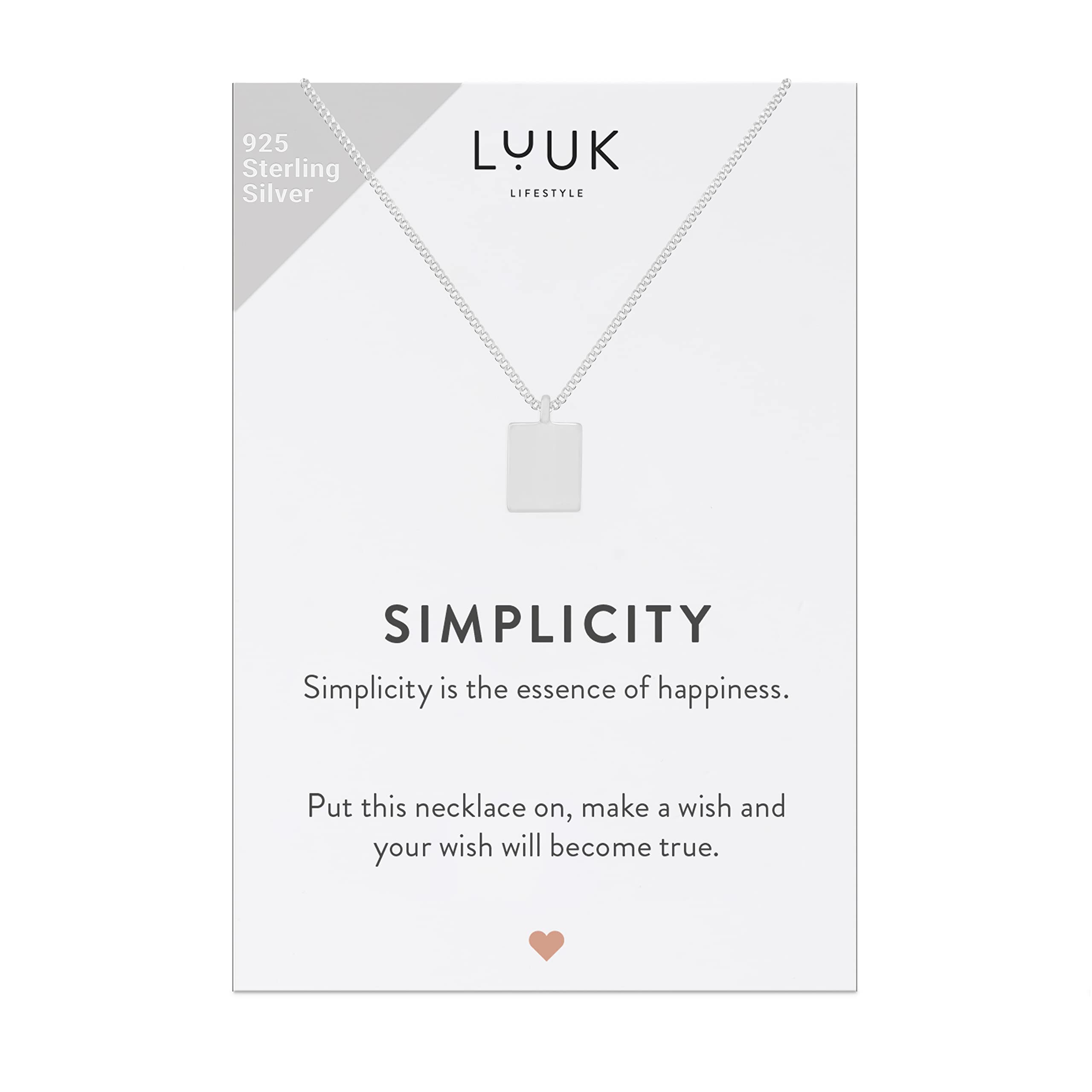 LUUK LIFESTYLE 925 zilveren kettingen met verschillende hangers en SIMPLICITY wenskaart, geluksbrenger, vriendschapsketting, sieraden, cadeau, verkrijgkbaar in zilver, goud en rosé