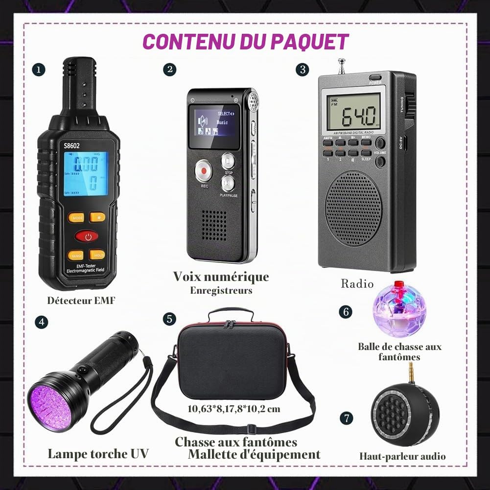 Kit D'Équipement 8 Pièces : 1 Compteur EMF, 1 Étui, 1 Enregistreur Vocal, 1 Lampe de Poche, 1 Haut-Parleur, 2 Boules Lumineuses pour Chat et 1 Radio FM.