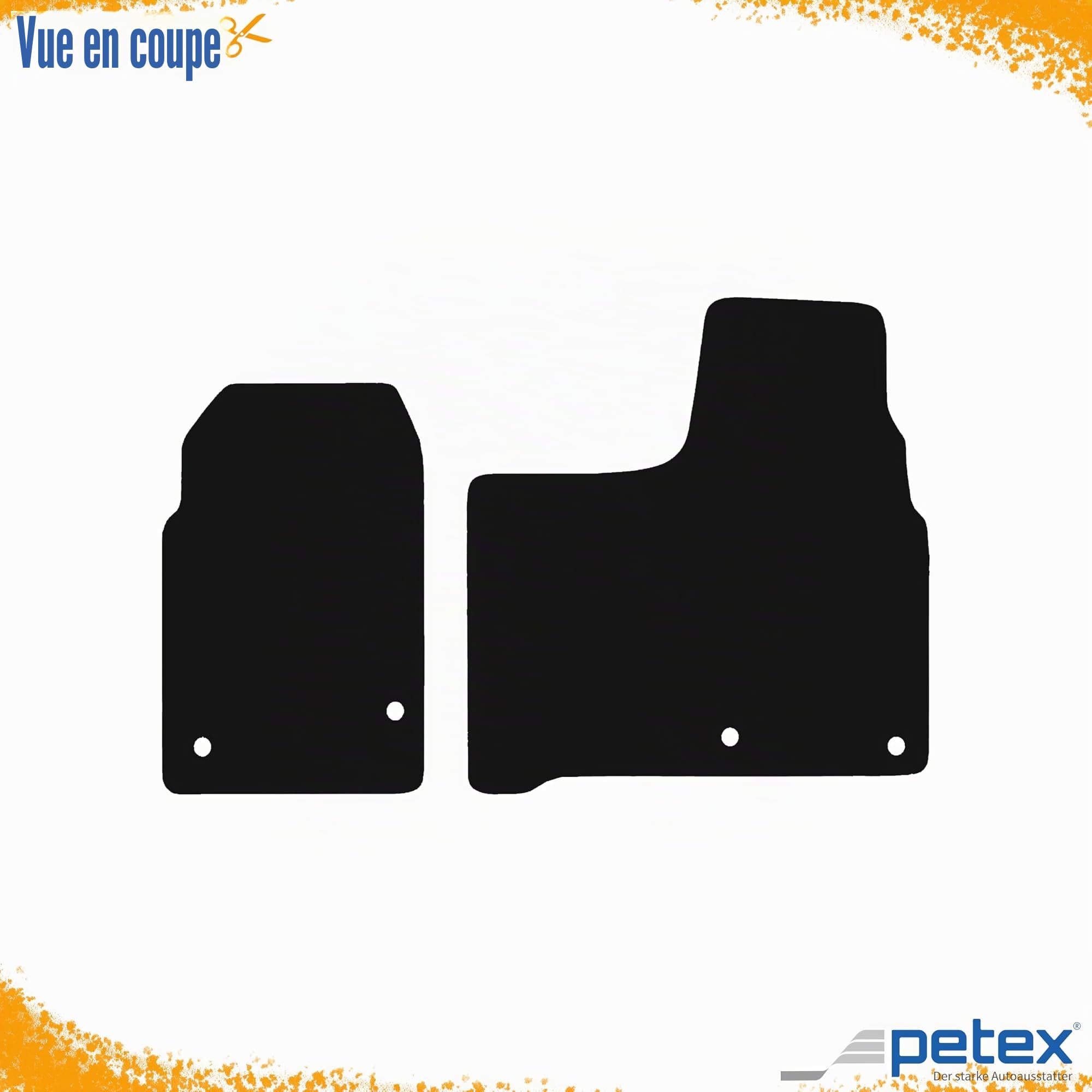 Tapis de Voiture PETEX Passe-Partout pour Ford Transit Custom à partir de 10/2023 Avant, Ensemble de Tapis en Velours - Pluto, 2 pièces, Noir