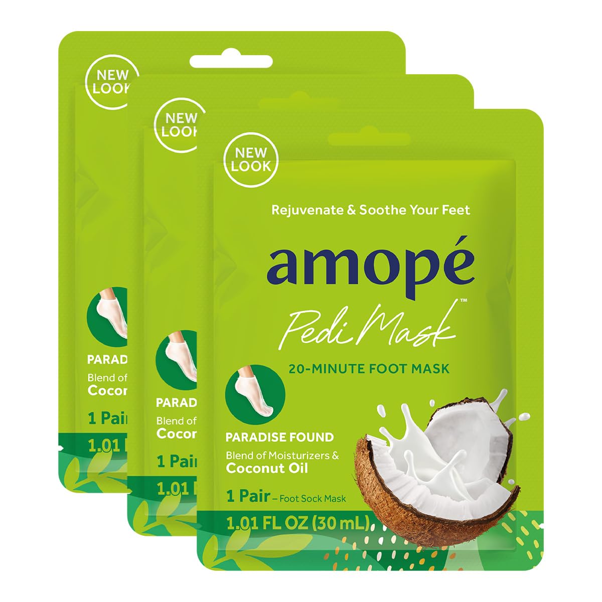 Amopé Pedi Mask 20-Minute Foot Mask, Intensely Moisturizing Socks, Paradise Found with Coconut Oil, Urea & Vitamin Complex for Long Lasting Hydration, No Added Fragrance, 3 pair (Packaging May Vary)
