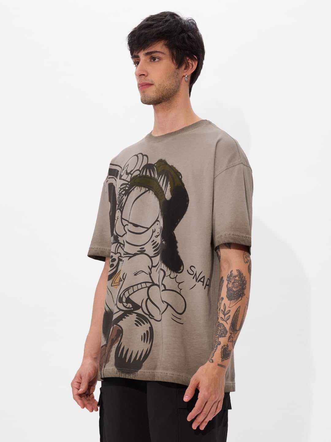 The Souled Store Garfield Beat It T-Shirt, Oversize, Kurzarm, Rundhalsausschnitt, Baumwolle, Puff-Print, Grau, für Herren und Jungen