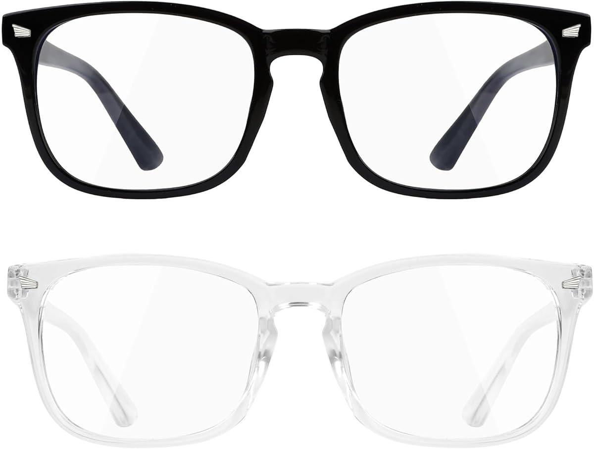 Blue Light Filtering Glasses for Men and Women, 2 Pack Non-Prescription Computer Glasses for Screen Use, Lightweight Fashion Eyeglasses for Office, Reading and Gaming, Black & Clear