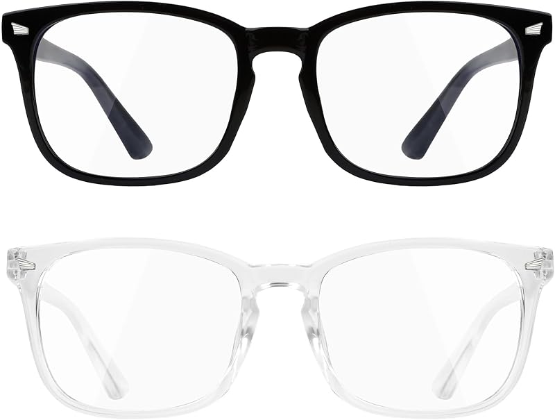lentes de luz azul para hombres y mujeres, paquete de 2 lentes de computadora sin receta para uso en pantalla, lentes ligeras de moda para oficina, lectura y juegos, negro y transparente