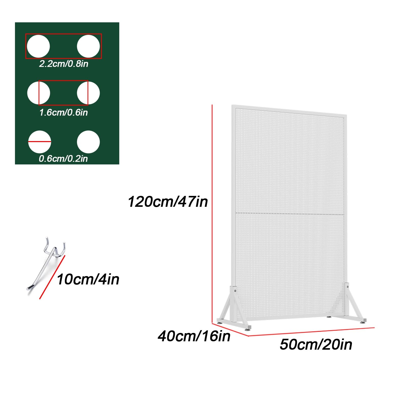 Metalowy zestaw do pegboardów z 20 kołami Hoo i 4 uniwersalnymi kółkami, biały panel ze stali walcowanej na zimno, do pokoju DIY, biura i Worhopa, Sto Solut, 60 x 1