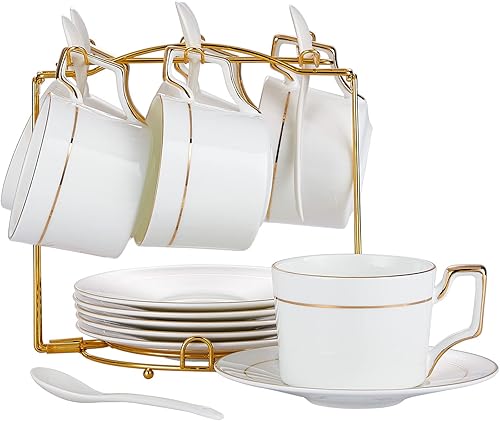 CHILDIKE Tazas y platillos de café Bone China, juego de té de porcelana de estilo europeo, juego de 6 tazas de té de cerámica con ribete dorado, 8