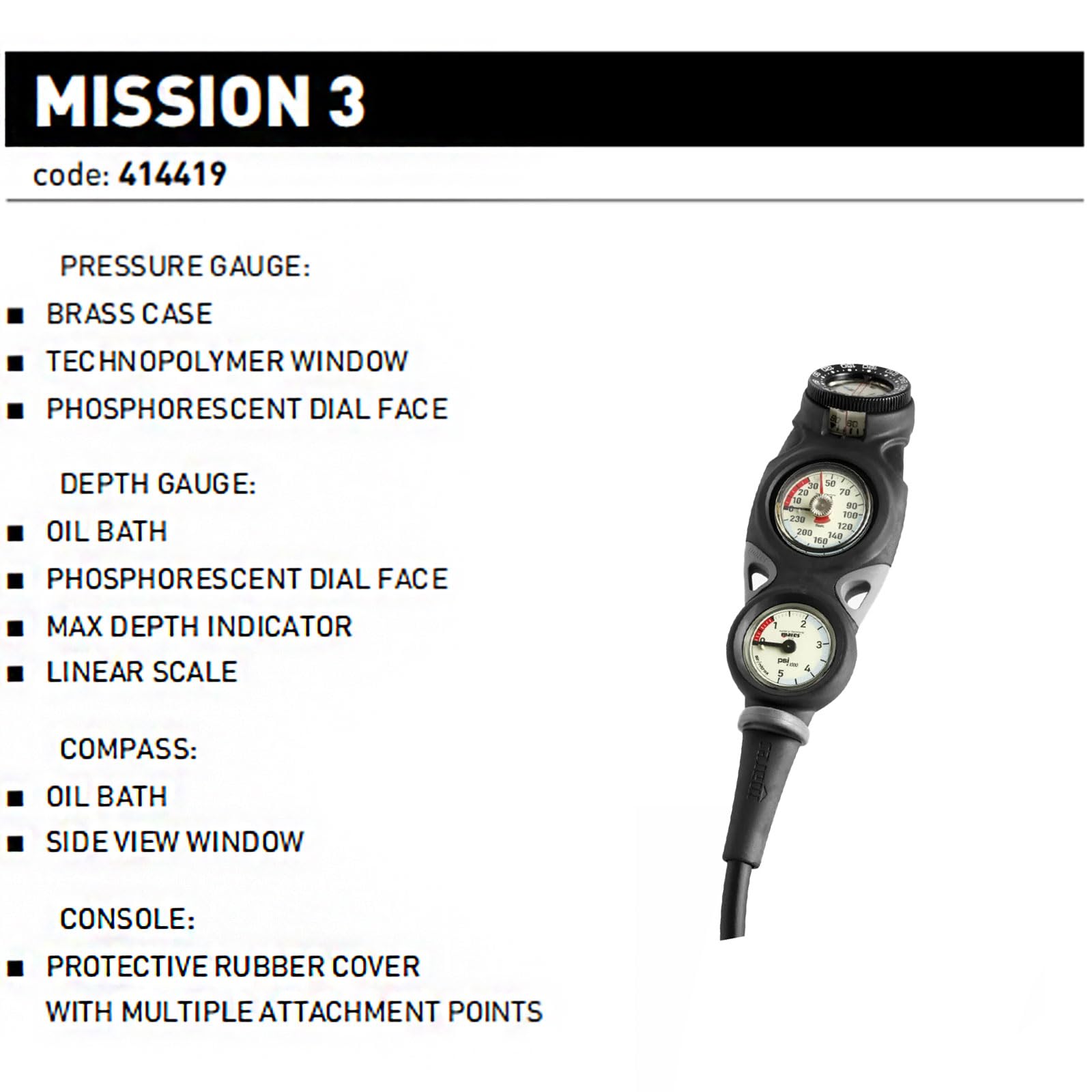 Mares Mission Instrument MISSION 3 - Console Analogica con Manometro, Profondimetro e Bussola, Adulto, Unisex