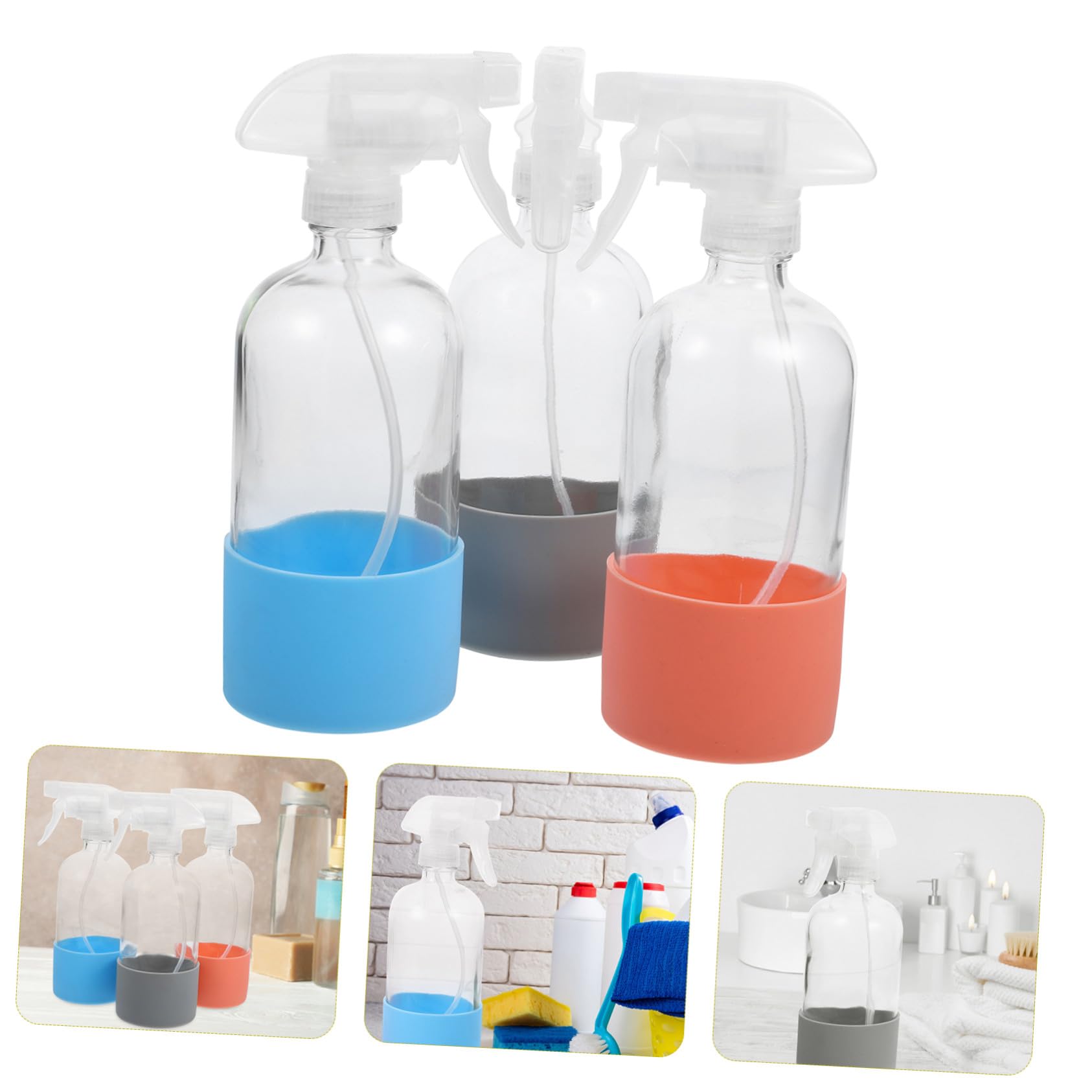 LIFKOME 3 Stück 500ml Wiederbefüllbare Glas Sprühflaschen mit Rutschfestem Silikonboden und PP Sprühkopf für Blumen Pflanzen und Haushalt