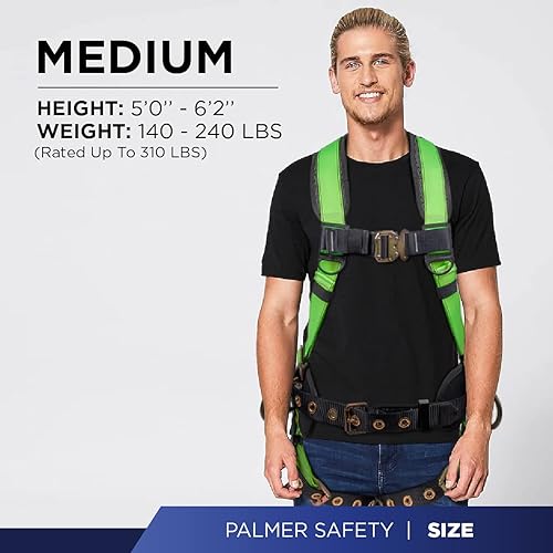 Miniatura 7 de Palmer Safety Arnés de 5 puntos de protección contra caídas, soporte trasero acolchado, hebilla de conexión rápida, patas con ojales, cordón de