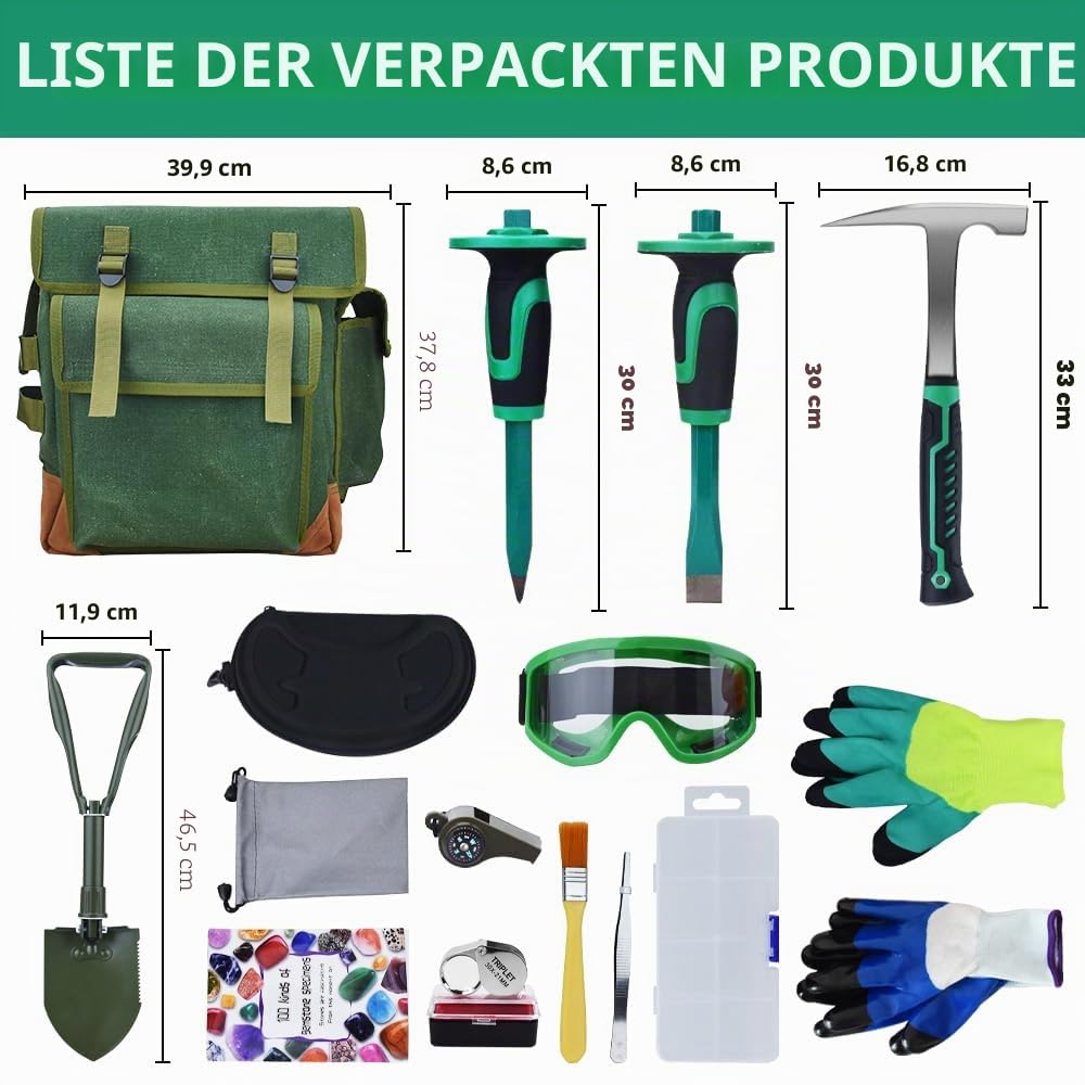 16-teiliges geologisches Steinhammer-Set, tragbares 907.2 g Hammer und Meißel Rucksack Set, geeignet für Felsjagd, Goldabbau, ideale Wahl für Anfänger und Enthusiasten