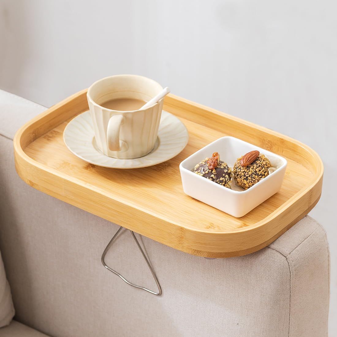 Bandeja de bambú para reposabrazos de sofá con doble bisagra, bandeja de brazo de sofá, mesa auxiliar de madera para espacios pequeños para comer y beber (natural)