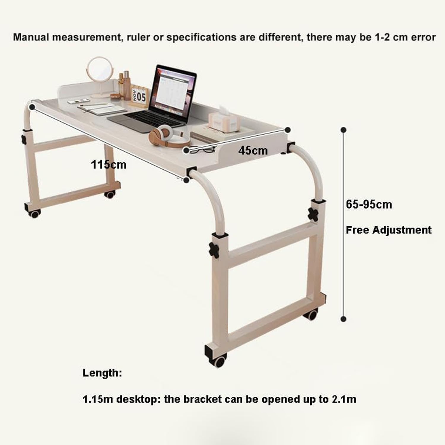 Tavolino Con Ruote，tavolo Servitore Regolabile In Altezza Da Letto Ruote Tavolo Divano Per Pc Lavoro E Braccio Notebook Salotto(Color:Bianco+)