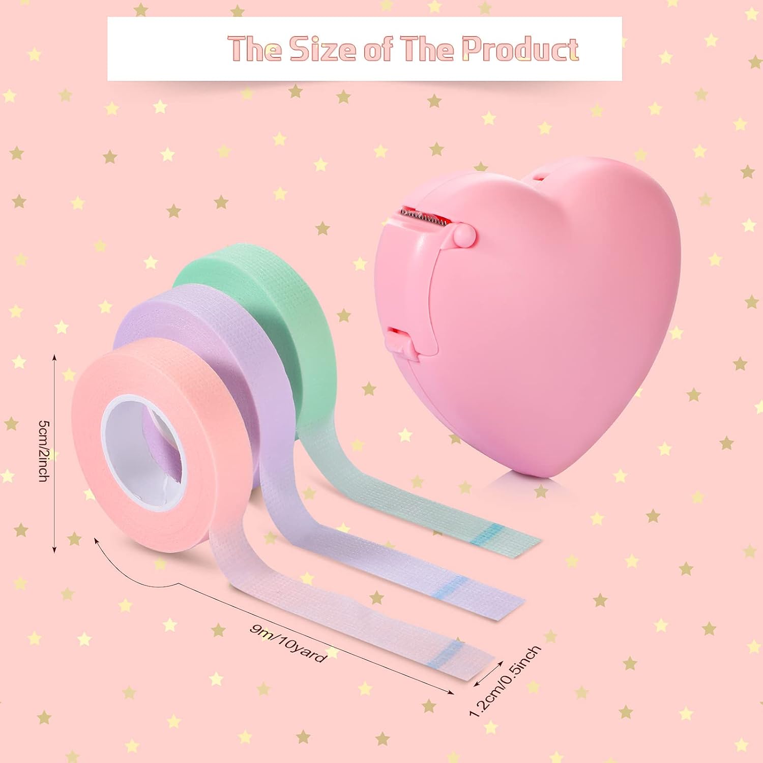Maitys 6 Rolls Eyelash Extension Tape for Lash Extensions Breathable Non-Woven Adhesive Lash Tape Supplies with Heart-Shaped Dispenser Eye Cutter Pads 0.5 Inch x 10 Yards(Pink, Purple, Green)