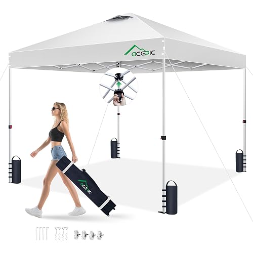 Acepic 10x10 Pop Up Canopy Tent, One Push Instant Outdoor Gazebo with Vented Top, Upgraded 300D Silver Coated Sun Shade for Parties Camping Vendor, Includes Wheeled Bag and 4 Sandbags, White