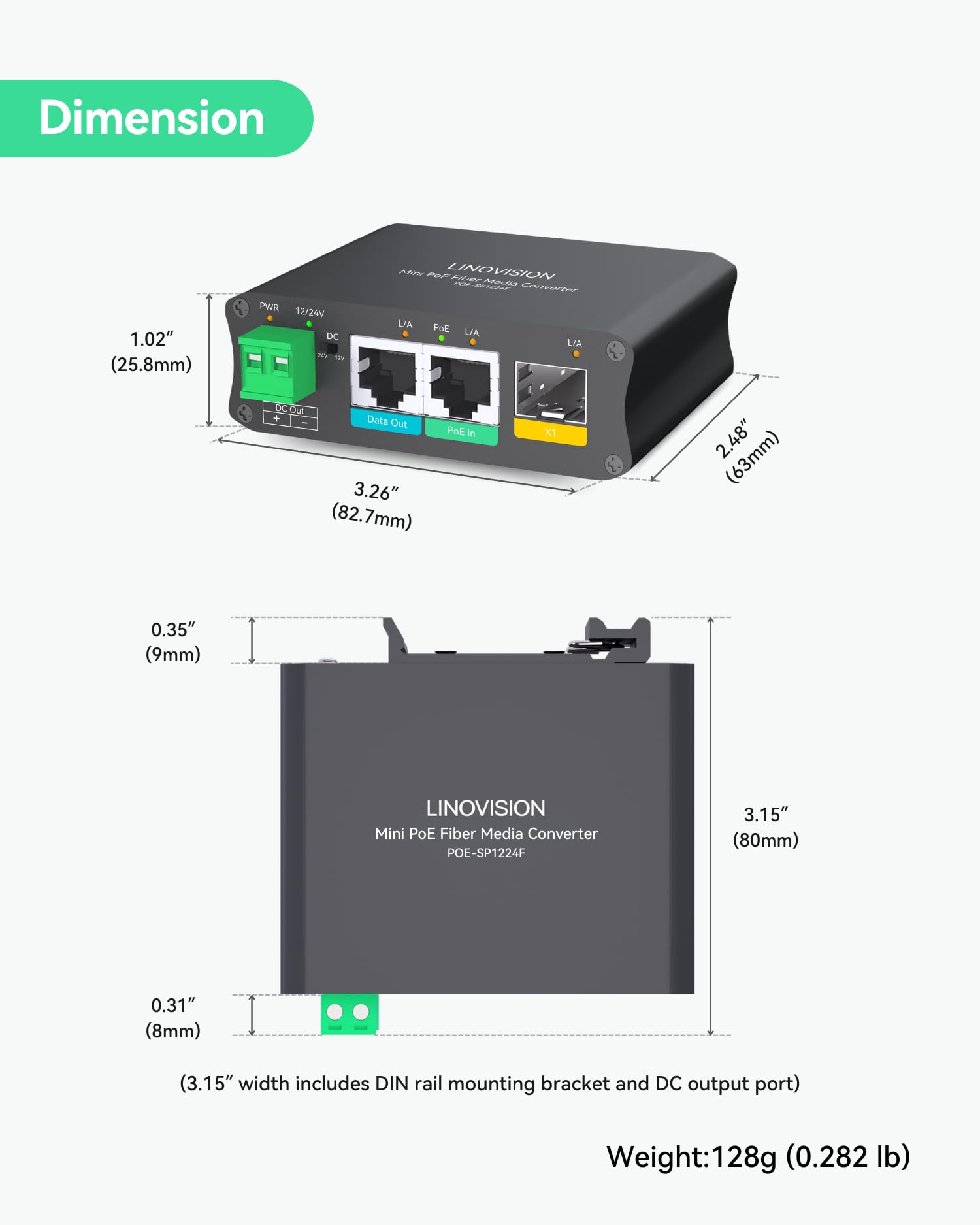 LINOVISION Convertisseur de Média Fibre Alimenté par PoE avec Sortie DC12V/24V Supplémentaire et Ethernet Gigabit, Aucune Alimentation CC Locale Requise, Prend en Charge la Transmission Fibre Longue D