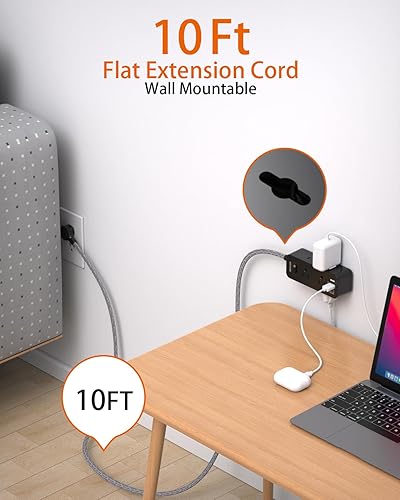 Miniatura 2 de Cable de extensión negro de 10 pies, regleta protectora de sobretensiones con 6 tomas, 3 puertos USB (1 USB C), extensor de salida de 3 lados,