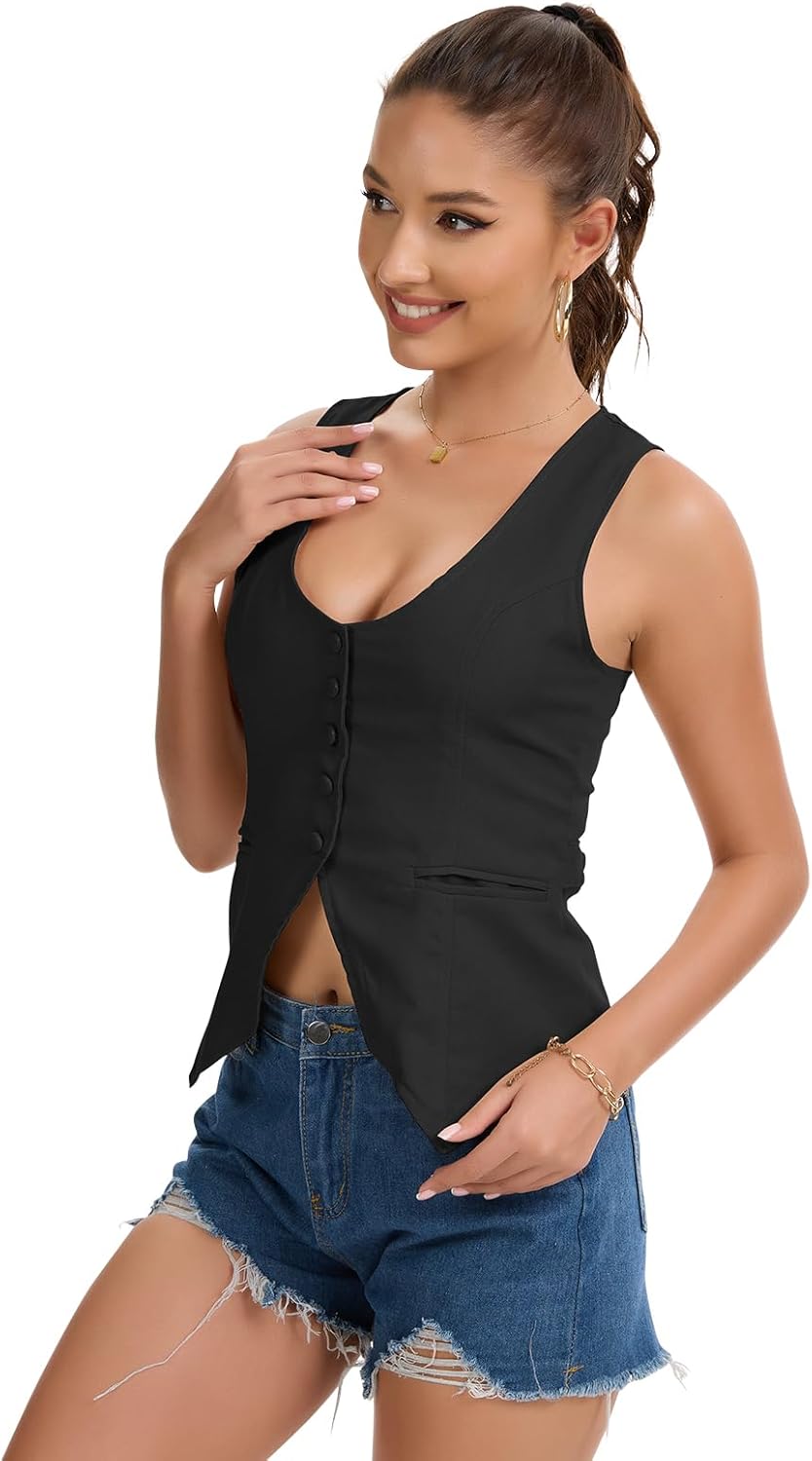 Womens Casual Scoop Neck Vest Summer Sleeveless Fitted Waistcoat Suit Button Down Business Crop Tops - Image 4