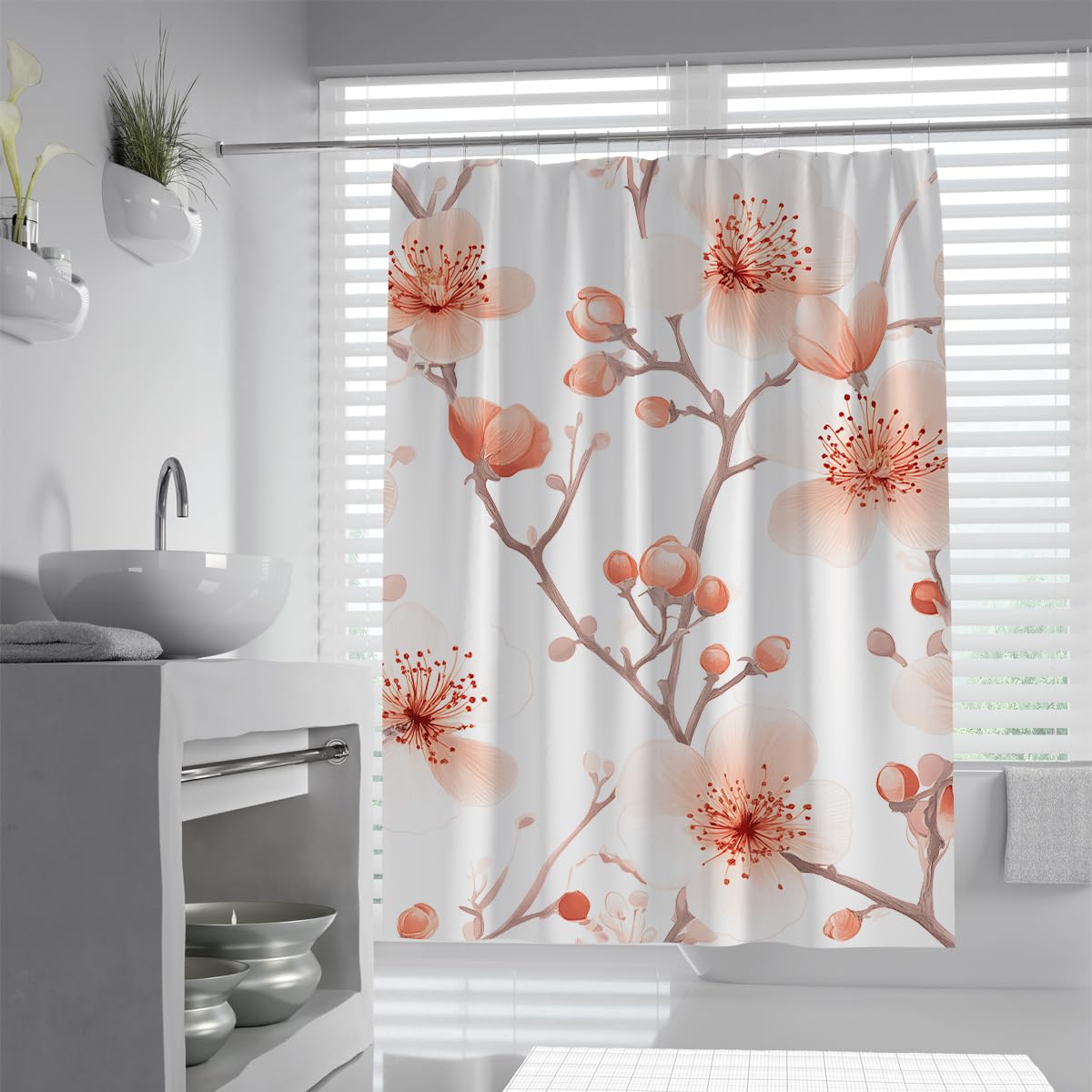 UIRINGART Chic Cherry Blossom Shower Curtain W200xL200cm Pink Flower Branch White Background Anti Mould Quick Dry Bathroom Curtain Walk In Shower With Hooks