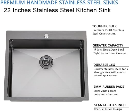 Miniatura 87 de SHACO Fregadero de cocina negro de 21 pulgadas, 21 x 20 pulgadas, montaje superior negro plomizo de acero inoxidable calibre 16, estación de trabajo