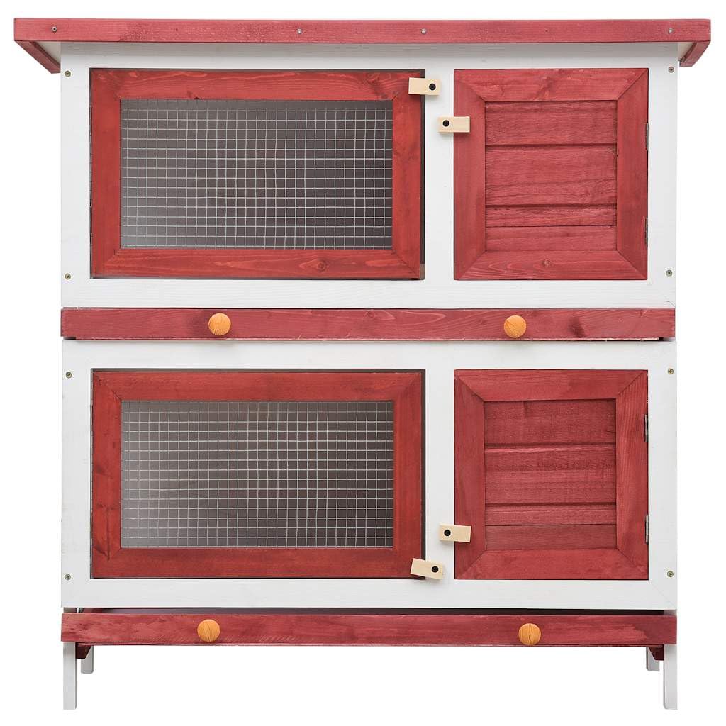 Conejera de madera para conejos, 2 niveles con 4 puertas, jaula para animales pequeños de dos pisos para conejos y conejos, jaula para conejos con cajón, rojo y blanco, 90 x 45 x 90 cm
