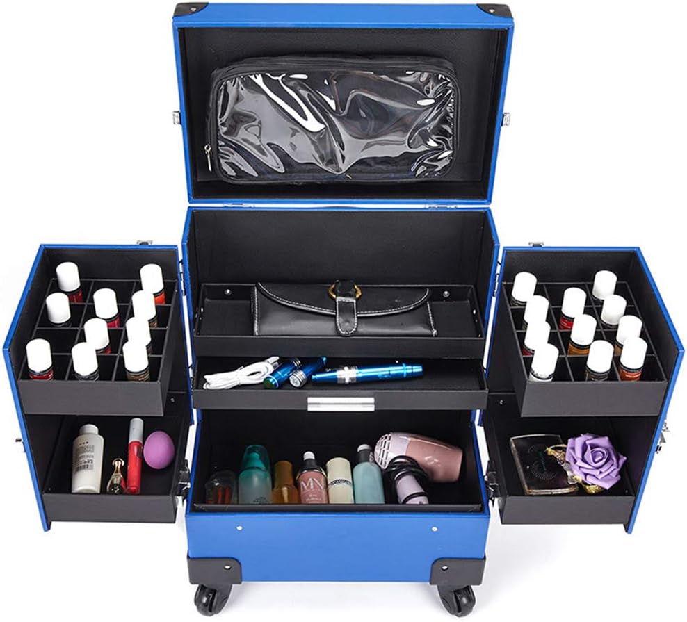 Professional Trolley Cosmetic Case Multi-Layer Large Capacity with 4pcs Universal Wheel for Manicure Beauty Makeup,Pink (Black)