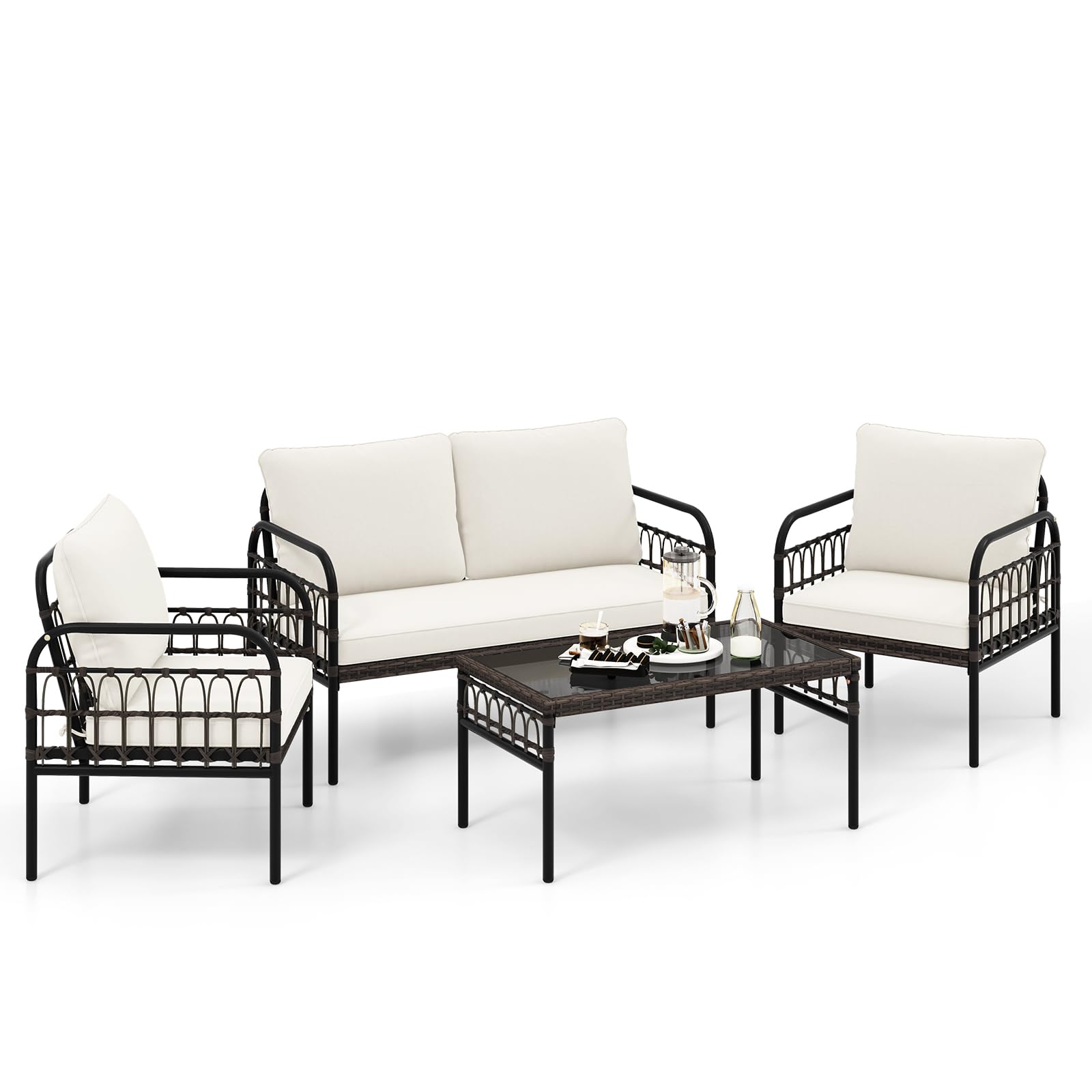 COSTWAY 4-Piece Rattan Garden Furniture Set, Patio Conversation Set with Loveseat, 2 Chairs, Cushions and Tempered Glass Table, Outdoor Sectional Wicker Table and Chairs for Lawn Poolside