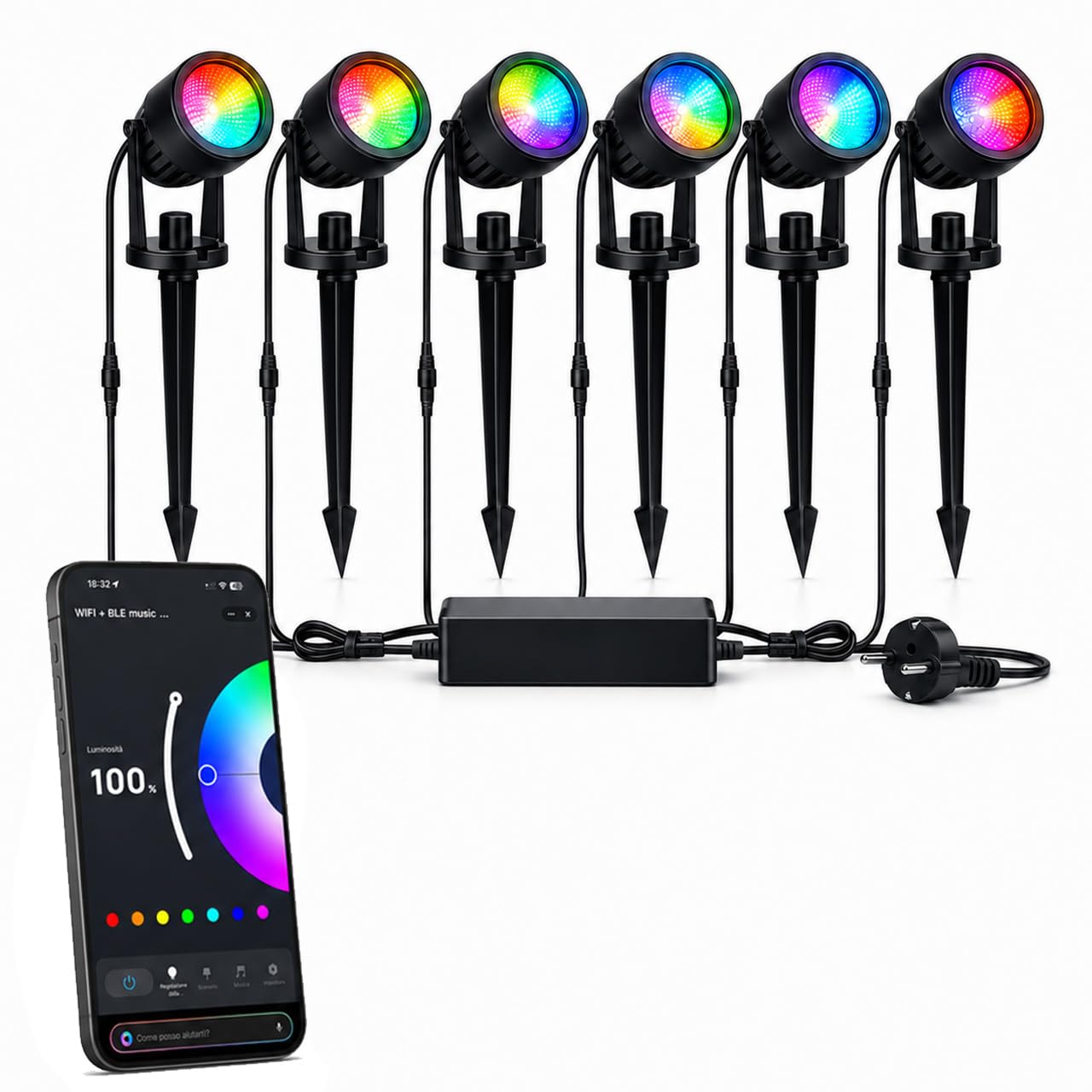 6 Faretti RGB da giardino Smart WiFi, Luci da Giardino IP67 Impermeabili, 16 Milioni di Colori e Dimmerabili, Compatibili con Alexa e Google Home, Controllo completo tramite App
