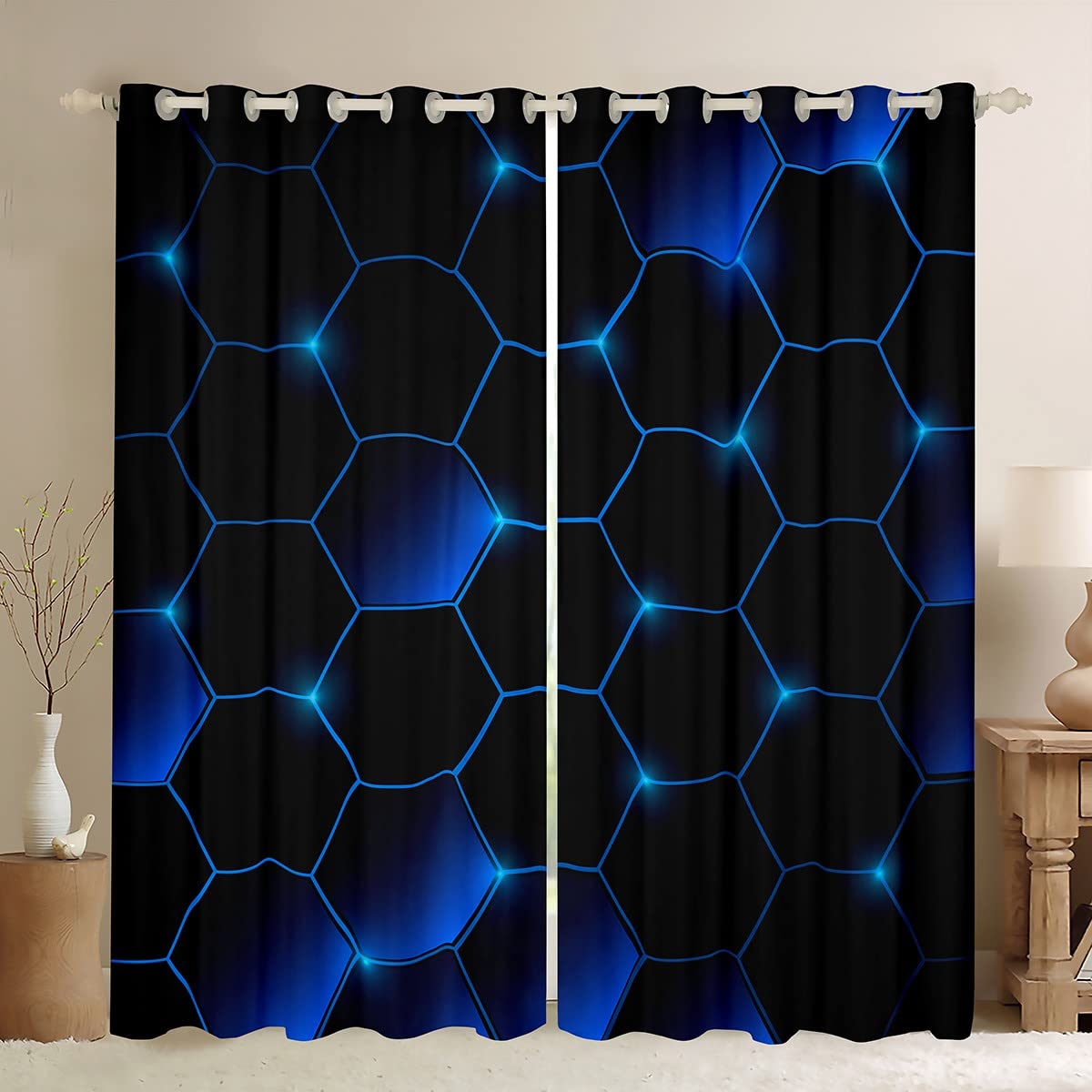 Honeycomb Curtains for Bedroom Abstract Hexagonal Window Treatment Soft Dark Blue Window Drapes Geometric Modern Window Draperies for Kids Boys Girls Adults W66*L90