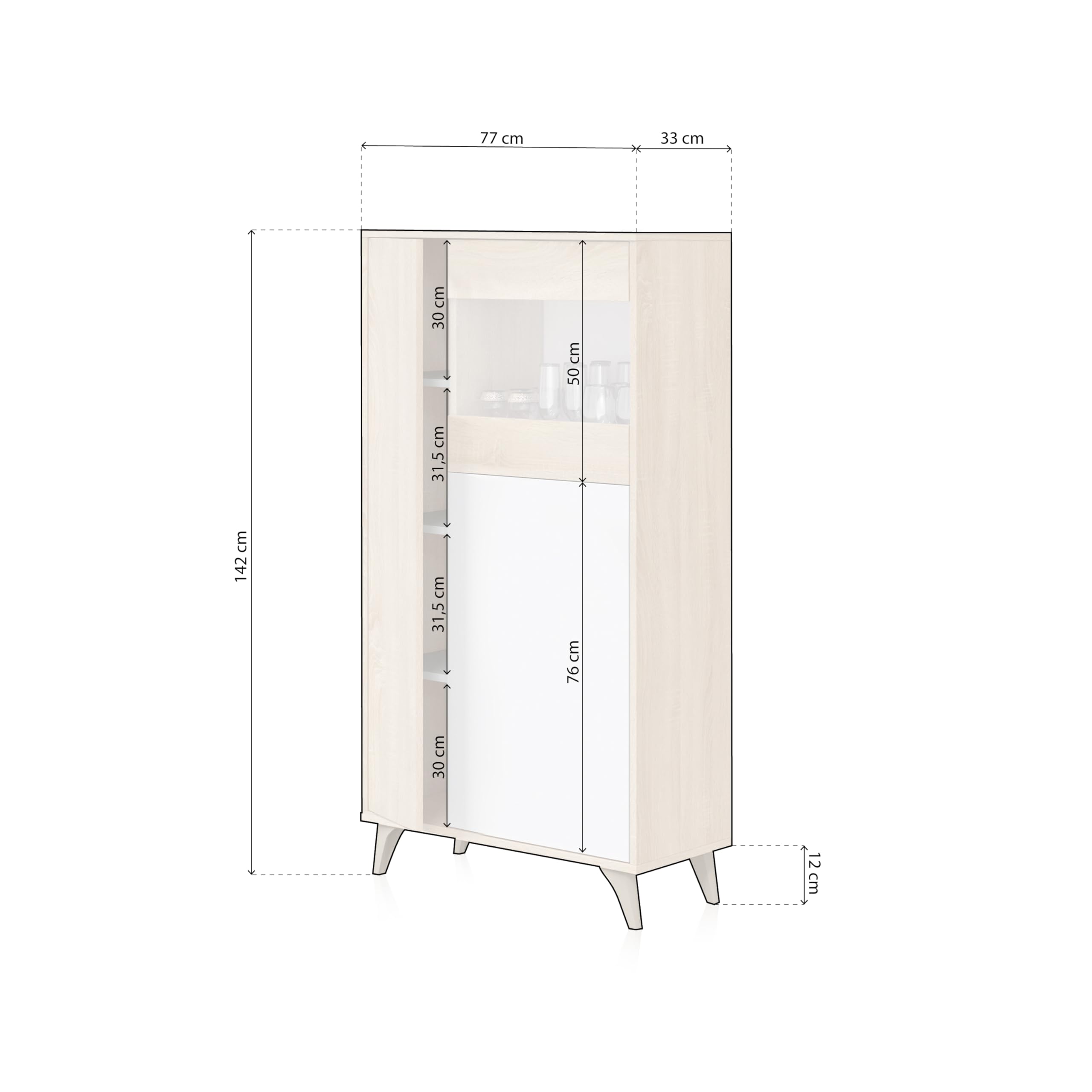 duehome | Vitrina con 3 Puertas, Bueffet para salón, Modelo Lira, Acabado en Blanco Artik y Roble Canadian, Medidas: 77 cm (Ancho) x 142 cm (Alto) x 33 cm (Fondo)