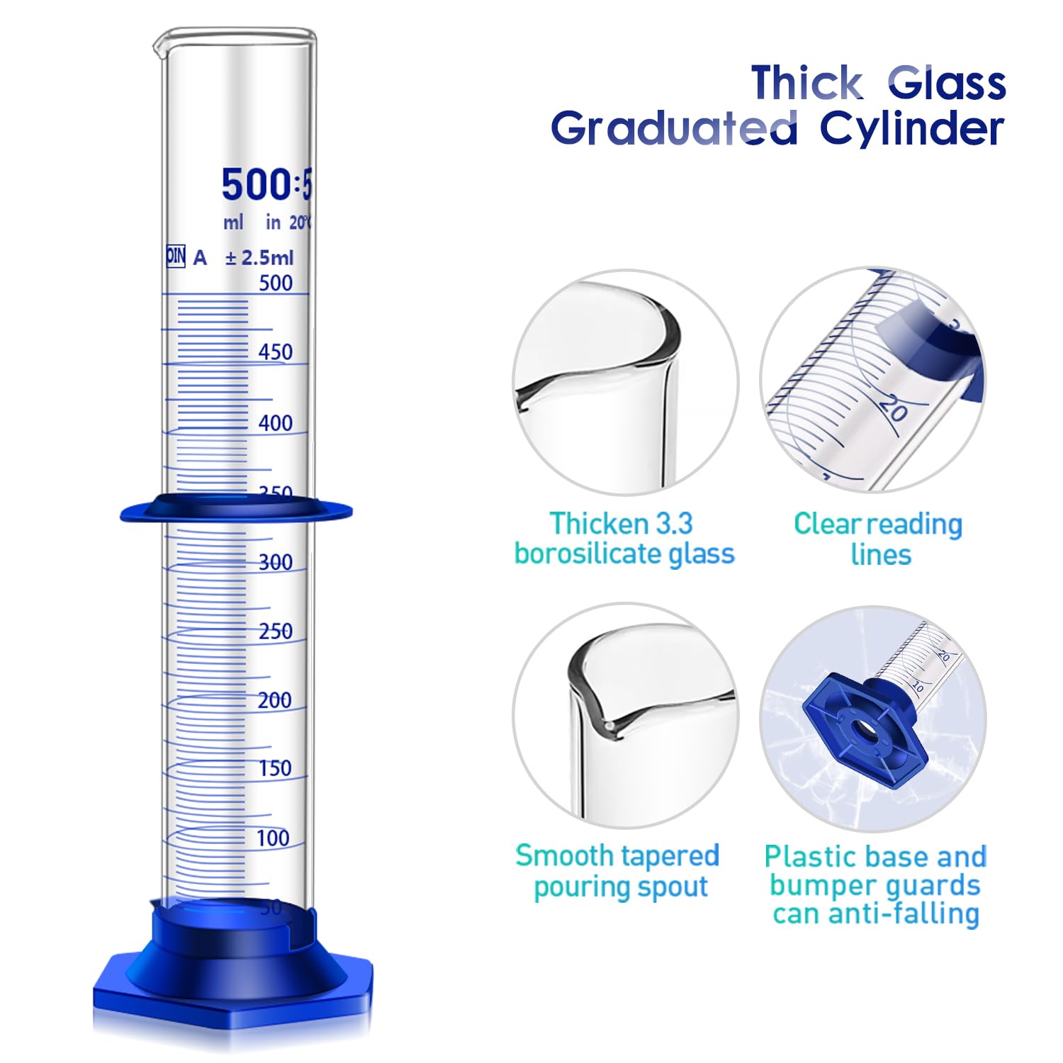 Dicker Messzylinder aus Glas mit Antialling-Kunststoff-Basis und Stoßstangenschutz und Glaspipette (Glas, 500 ml)