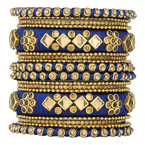 Aheli Ethnic Handmade Silk Thread Faux Stone Studded Bangle Set Bracelet Chudha Indian Wedding Festive Wear Fashion Jewelry for Women (Blue)