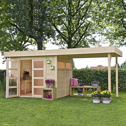 Caseta Vermont de madera con pérgola, 603 x 245 cm