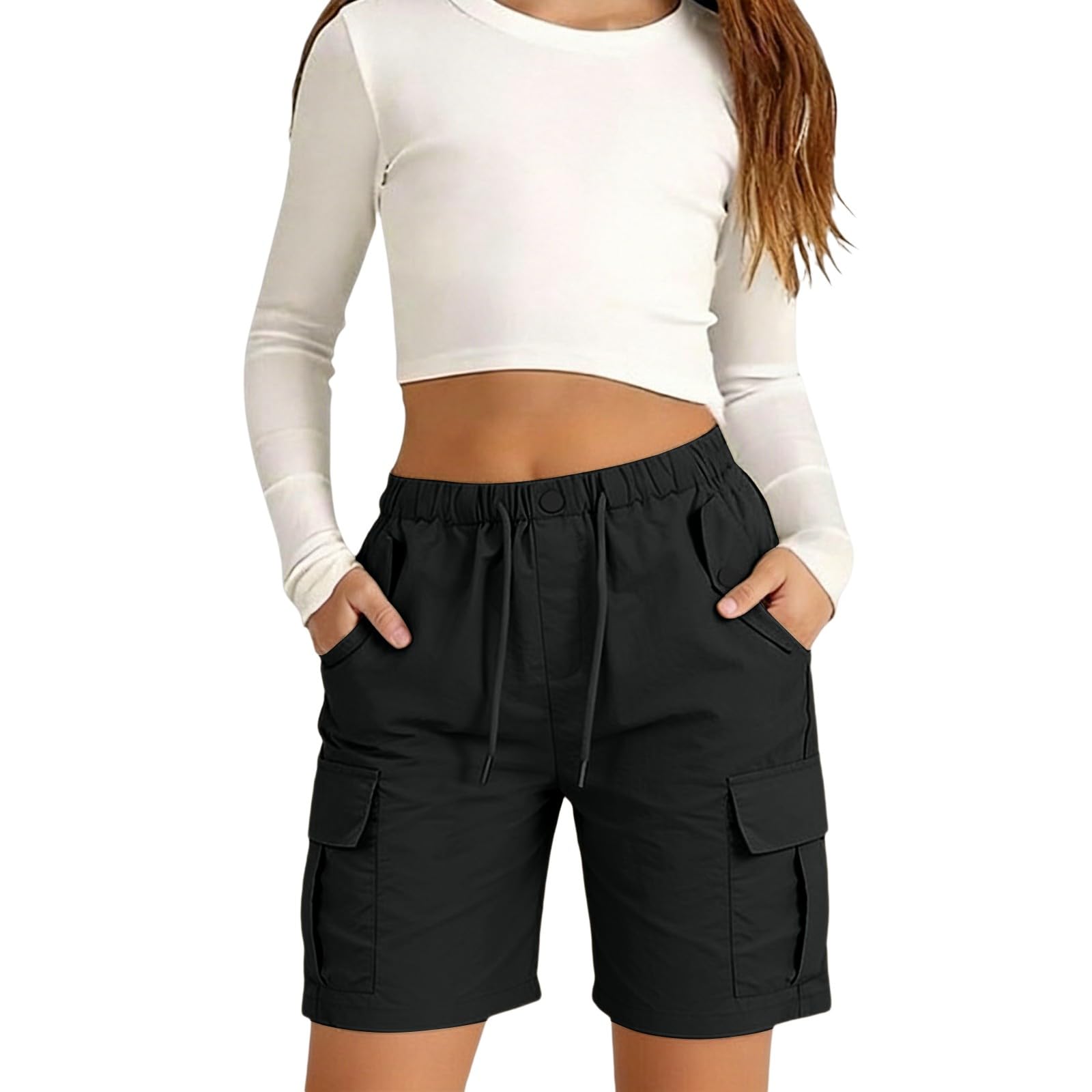 Bermuda cargo léger pour filles - Taille élastique - Décontracté - Sport - Randonnée - Course à pied - Marche - Pour adolescent - Poches
