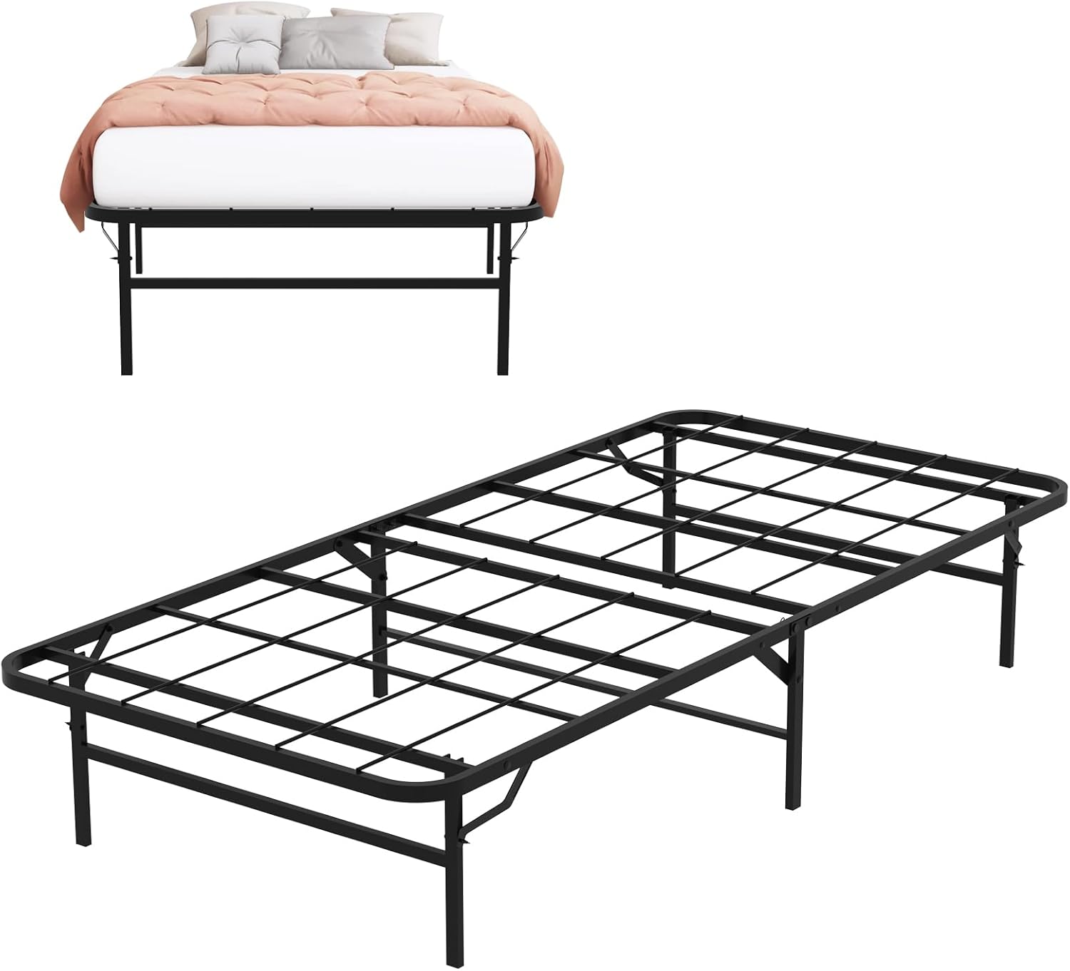 BLKMTY Foldable Bed Frame Twin Size Metal Platform Beds Steel Slat Bed Frame Mattress Foundation with Support Up to 500lbs No Box Spring Needed/Noise Free Heavy Duty Metal Bed Frames, Black