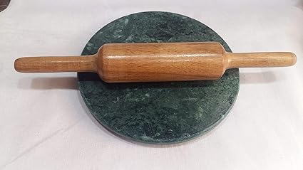 Shree Shyam Creation Handicraft and Marbles Green Marble Chakla/Roti Maker/Chapati Maker/Patala with Wooden Belan (11 Inches)
