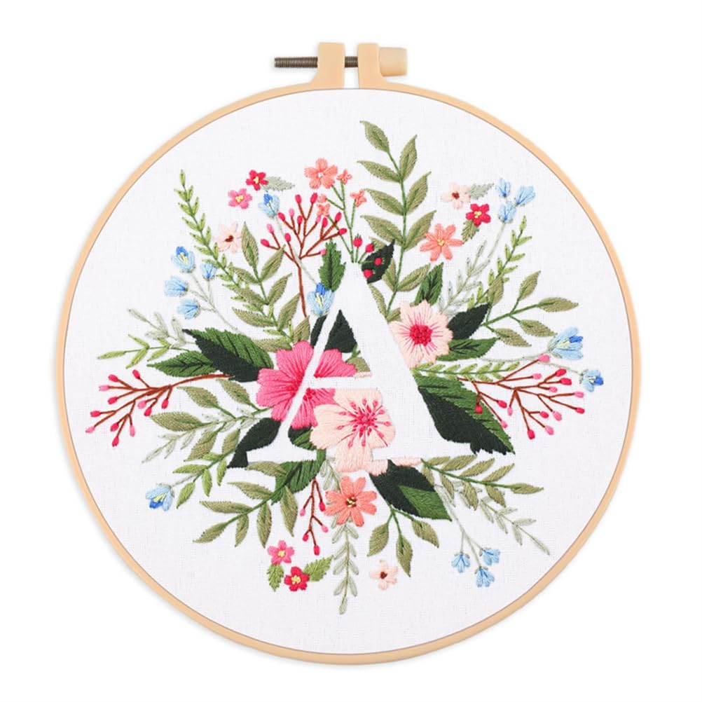 Meecaa Letter A Flower Leaves Plant A English Letters Embroidery Kit Starter Set, Hand Embroidery Set,Pattern Printed Cross Stitch Set For Beginner Adults, With Embroidery Hoop And Instructions (Letter A)