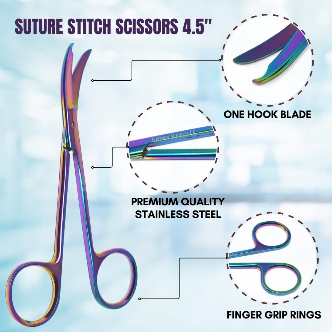 IMED Northbent Suture Stitch Scissors Stainless Steel Lightweight Shears with Angled Hook Shaped Tips (Multicolor - 4.5