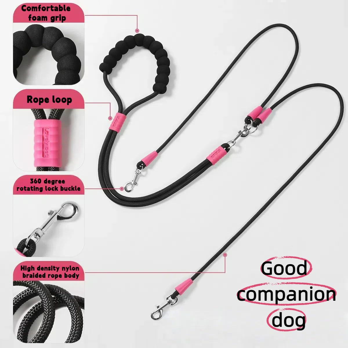 Double Dog Lead Coupler & Traction Rope (one set), Tangle-Free 360° Rotation with Two Separators - Image 2