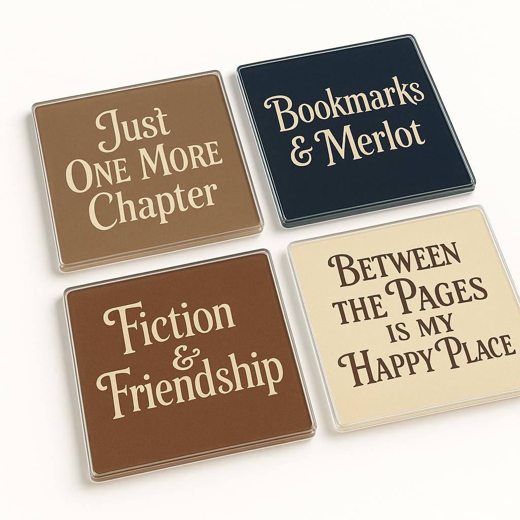The Plum Penguin Literary Haven Acrylic Coaster Gift Set Of 4 With Vintage Literary Quotes - Elegant Book Lover Decor For Grandma's Cosy Home