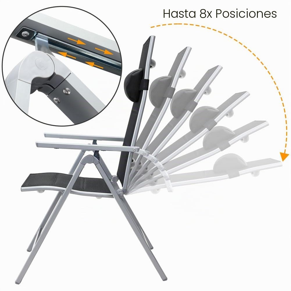 BAKAJI Juego de 2 sillas de jardín con Respaldo Alto, Extra Acolchadas, Plegables, Estructura y reposabrazos de Aluminio, con cojín reposacabezas/Lumbar, Ajustables en 8 Posiciones, para Exteriores