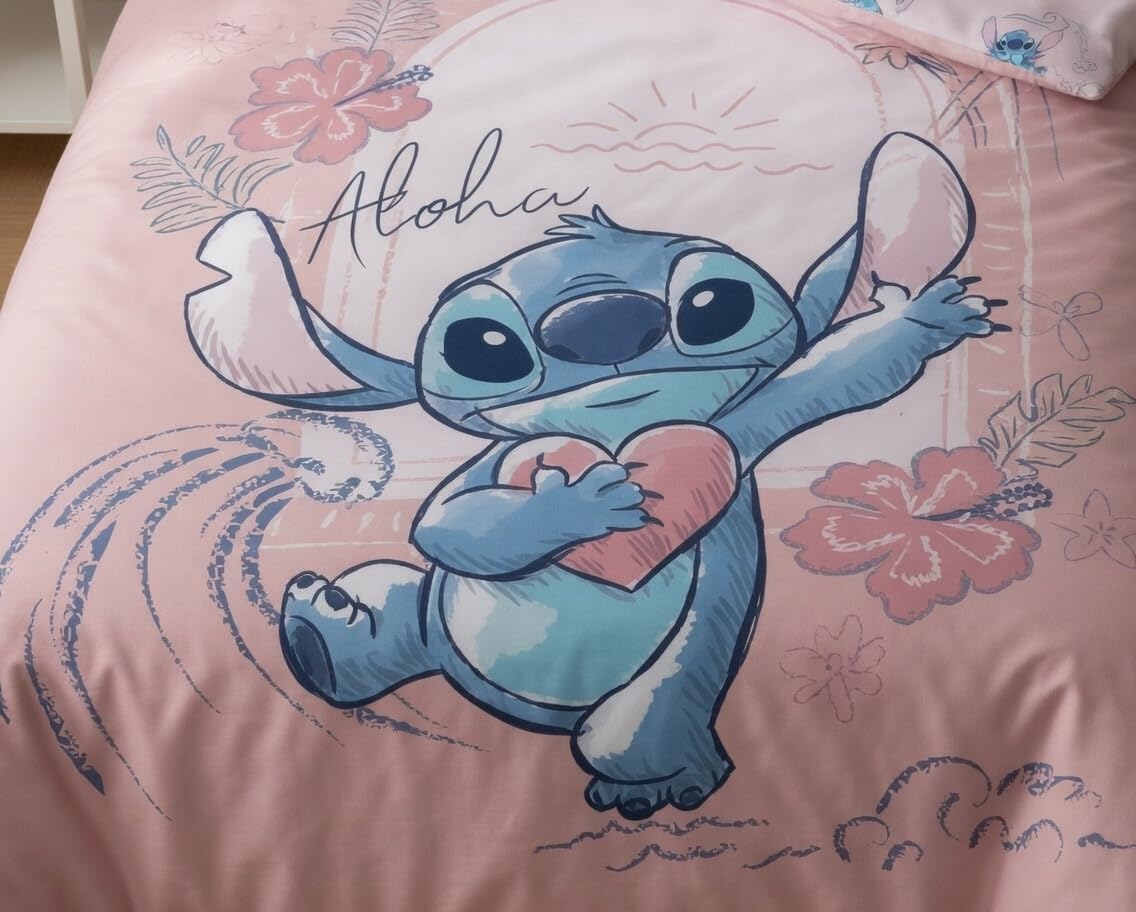 Stitch Rose Aloha Housse de Couette 140x200 + Taie 65x65 100% Coton Boutons | Parure de lit réversible 1 personne | Coton naturel Oeko-Tex | Disney | Fermeture boutons | Cadeau | Lavable en machine