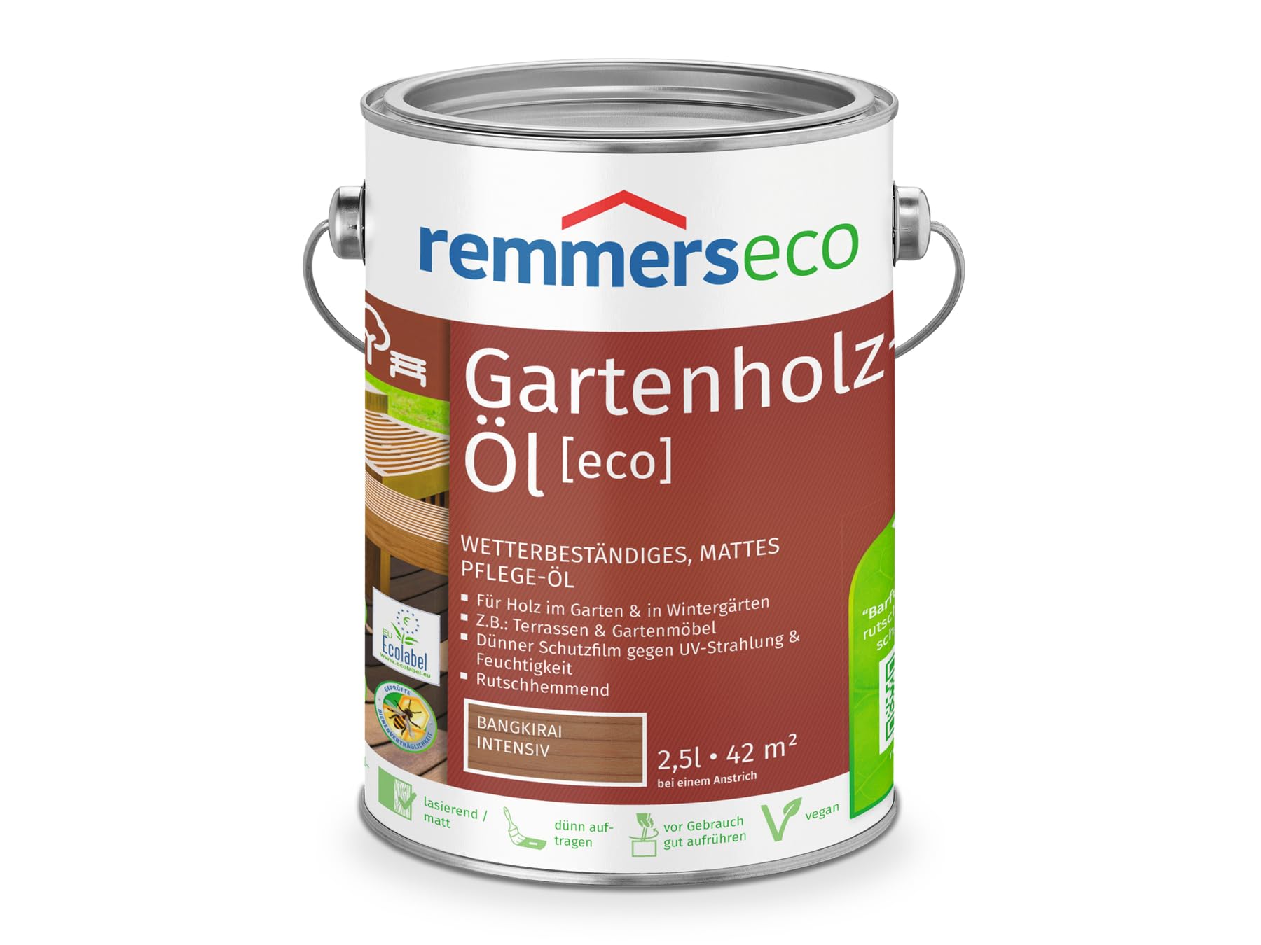 Remmers Gartenholz-Öl [eco], bangkirai intensiv, 2,5 Liter, Wetterbeständiges, mattes Öl, aussen und innen, optimal für Terassen & Gartenmöbel, rutschhemmend