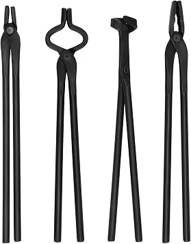 Blacksmith Tongs Set 4PC Wolf Jaw Tongs, V-Bit Bolt, Flat, Blade; Blacksmith Tools Set for Knife Making Forge Tongs, High-Strength Forged Steel for Blacksmith & Bladesmiths