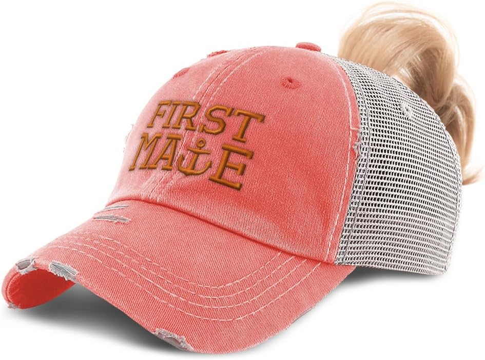 Ponytail Cap Women's Baseball Cap Embroidered First Mate Boat Ship Orange Embroidery Cotton
