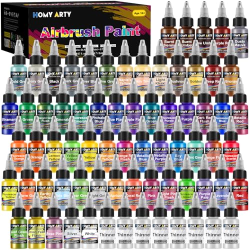 HOMY ARTY Airbrush Paint - 64 Colors with 8 Thinner with Model Colors Airbrush Paint Set Ready to Spray Water-Based Acrylic Air Brush Paints for Metal Plastic Models Canvas Wood - 72 Bottles
