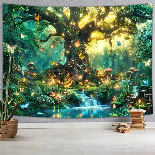 Fantasy Forest Nature Wall Hanging, Magical Enchanted Jungle Tree Waterfall Mushroom Butterfly Tapestry, Trippy Plant Botanical Aesthetic for Bedroom Living Room 40x30 Green