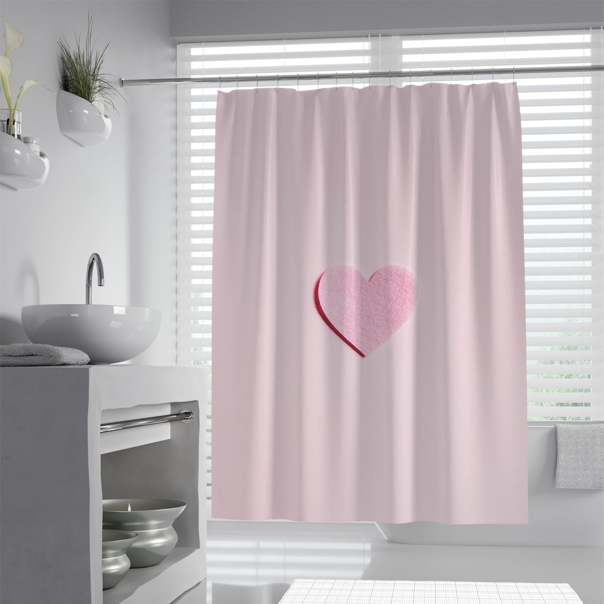 UIRINGART Minimalist Single Heart Bath Curtain W180xL220cm Sweet Pastel Pink Romantic Waterproof Mildew Resistant Bathroom Enclosure with Hooks