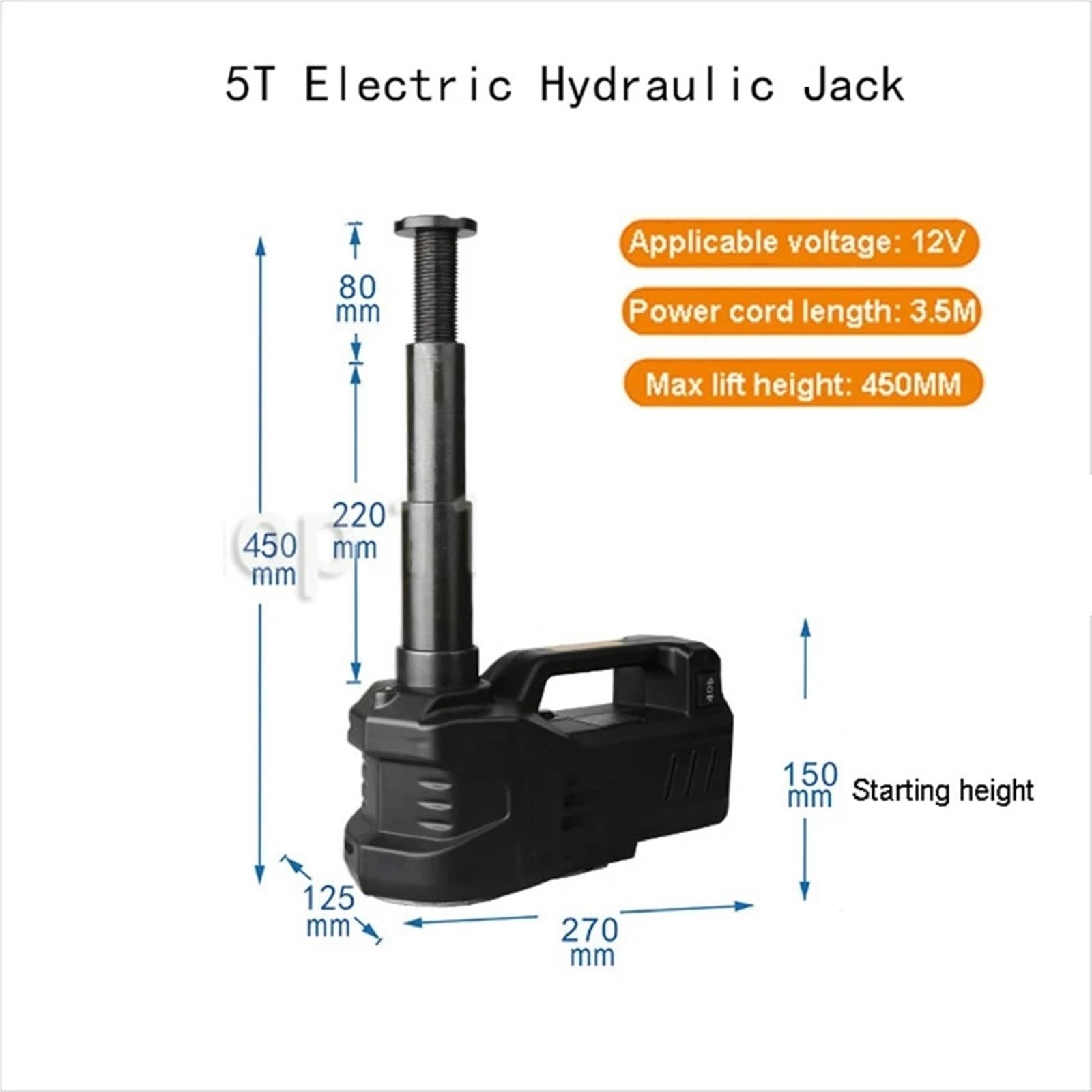 Hebera 12V 3T/5T 155-450MM 135-360MM Hydrauliczny podnośnik samochodowy 150W Moc znamionowa 13A Maksymalny prąd Elektryczne hydrauliczne narzędzia podnoszące(5T Black 155-450MM)