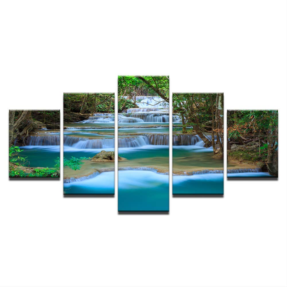 Toile cascade paysage pour salon | Tableau 5 panneaux sans cadre