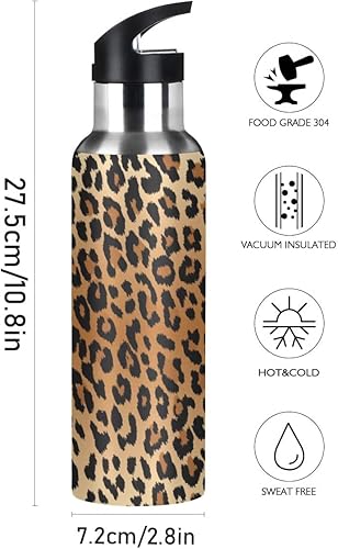 Miniatura 2 de Qilmy Botella de agua deportiva con tapa de pajilla, aislada al vacío, de acero inoxidable, termo de leopardo, botella de agua de 20 onzas